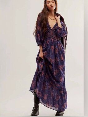 Free People Golden Hour Maxi Dress Navy Floral Smocked Boho XS/S